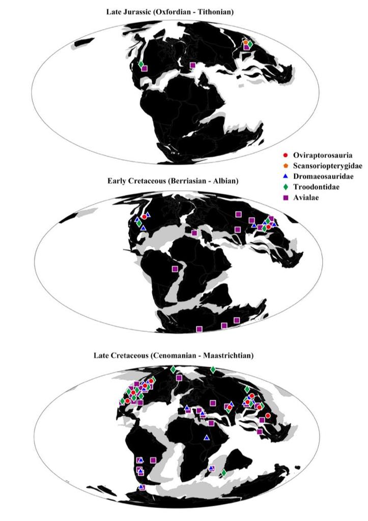 Figure 3. Pennaraptoran fossil localities through time.